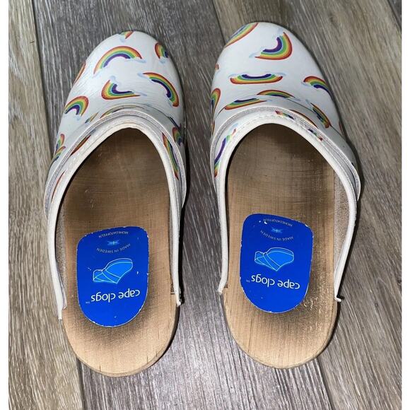 Swedish Wooden Cape Clogs Slip On Mule White Leather Rainbow Women’s US Size 6 - Picture 7 of 8